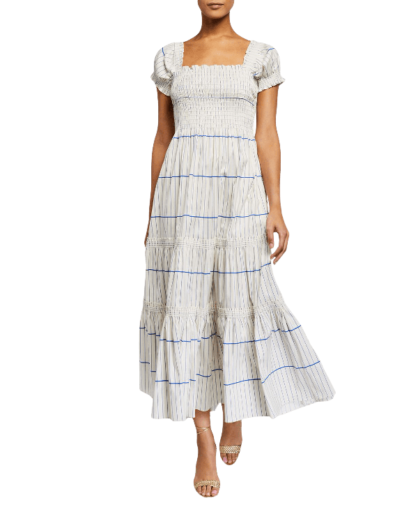Shop Tory Burch Striped Smocked-bodice Midi Dress In Ivry Duchess Blu