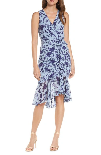 Eliza J Floral Ruched Chiffon Faux Wrap Dress In Blue