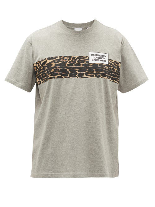 Shop Burberry Kempster Leopard-print Cotton T-shirt In Grey