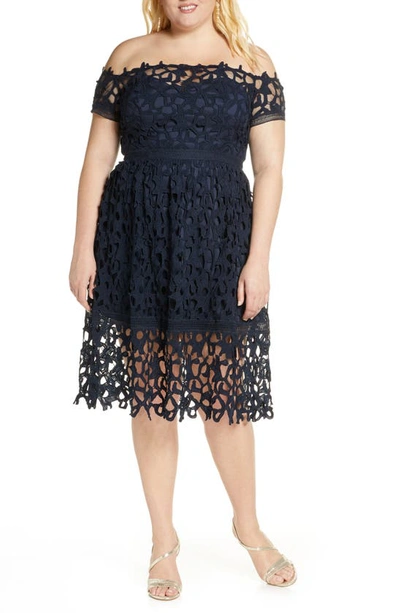Chi Chi London Curve Roma Off-the-shoulder Cocktail Dress In Navy