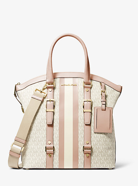 Shop Michael Kors Bedford Travel Large Logo Stripe Dome Tote Bag In Pink