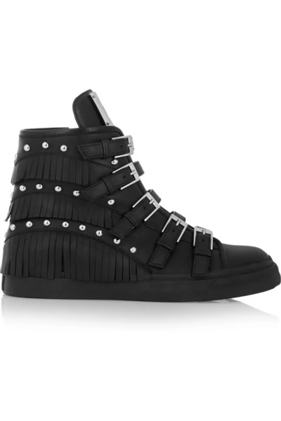 GIUSEPPE ZANOTTI Fringed Studded Leather Wedge Sneakers