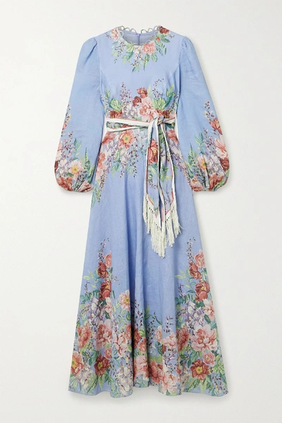 Zimmermann Bellitude Floral-print Linen Maxi Dress In Light Blue