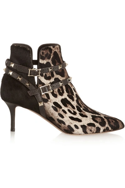 VALENTINO GARAVANI Rockstud Leopard-Print Calf Hair Ankle Boots
