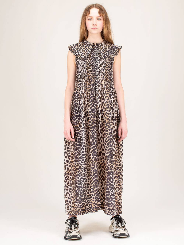 Shop Ganni Smock Dress Leopard In Brown