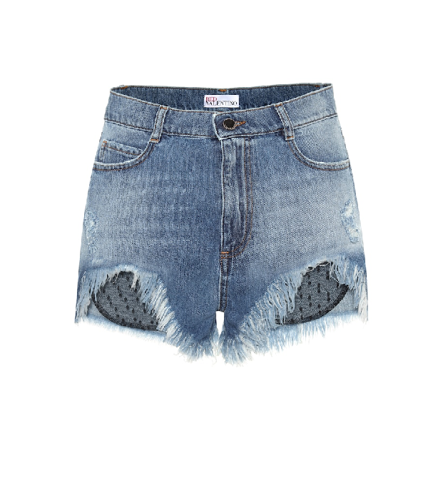 red and blue denim shorts