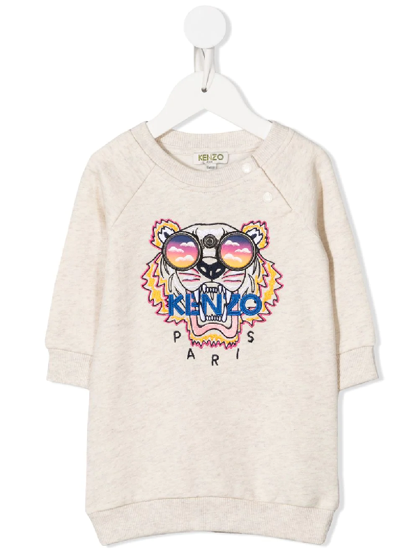 Shop Kenzo Tiger Embroidered Sweatshirt Dress In Neutrals