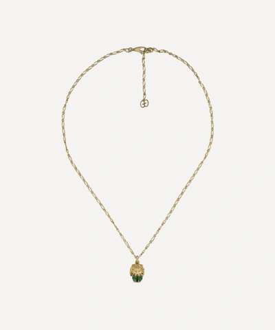 GUCCI GOLD CHROME DIOPSIDE AND DIAMOND LION HEAD PENDANT NECKLACE