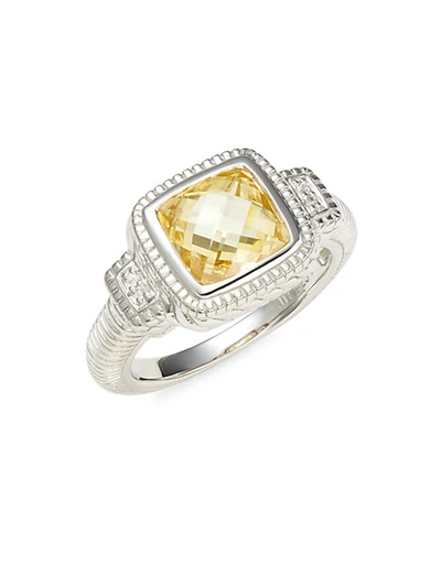 JUDITH RIPKA STERLING SILVER, CANARY CUBIC ZIRCONIA & WHITE SAPPHIRE CUSHION RING