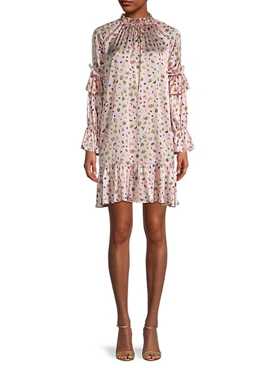 CYNTHIA ROWLEY PENNY FLORAL BUTTERFLY SILK-SATIN SHIFT DRESS