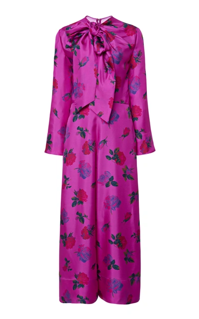 VALENTINO PUSSY-BOW FLORAL SILK JUMPSUIT