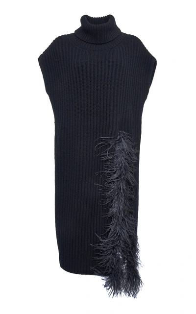 VALENTINO FEATHER-TRIMMED WOOL-CASHMERE TURTLENECK TOP