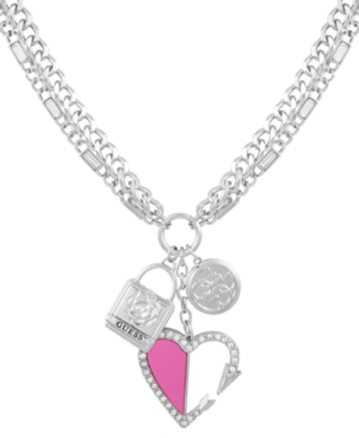 GUESS SILVER-TONE CRYSTAL HEART CHARM PENDANT NECKLACE, 24" + 2" EXTENDER