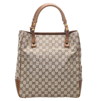 GUCCI BROWN/BEIGE GG CANVAS BAMBOO TOTE BAG