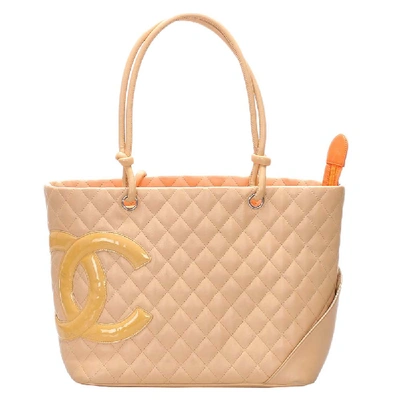 CHANEL BROWN/BEIGE LAMBSKIN LEATHER CAMBON LIGNE TOTE BAG