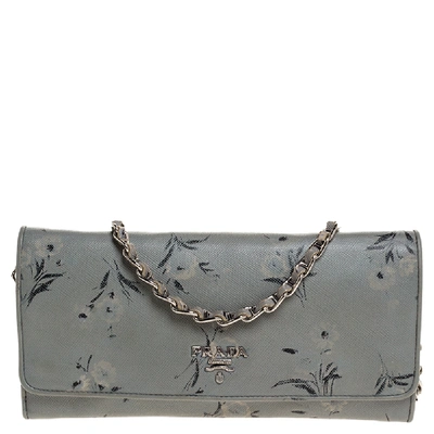 PRADA PALE BLUE FLORAL PRINT SAFFIANO LEATHER WALLET ON CHAIN