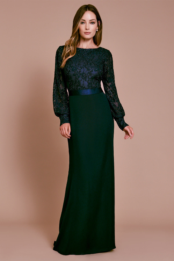 tadashi shoji lace bodice crepe gown