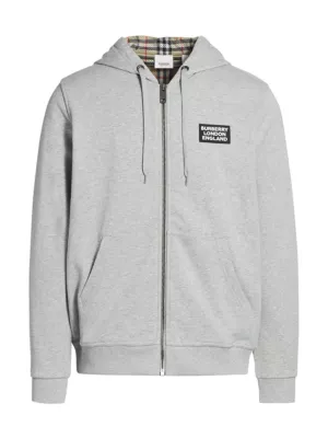 Shop Burberry Men's Hove Check Zip Hoodie In Pale Grey