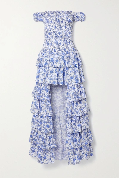 CAROLINE CONSTAS MALTA SHIRRED TIERED FLORAL-PRINT COTTON-POPLIN GOWN