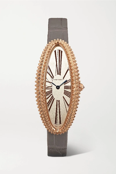 CARTIER Baignoire Allongée 47mm medium 18-karat rose gold, alligator and diamond watch