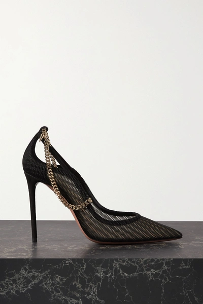 AQUAZZURA BOND STREET 105 CHAIN-EMBELLISHED SUEDE AND MESH PUMPS
