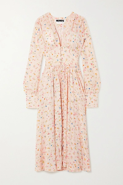 ROTATE BIRGER CHRISTENSEN TRACY RUCHED FLORAL-PRINT JACQUARD MIDI DRESS
