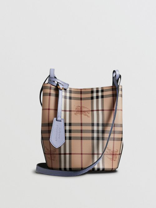 Shop Burberry Haymarket Check And Leather Crossbody Bucket Bag In Slate Blue