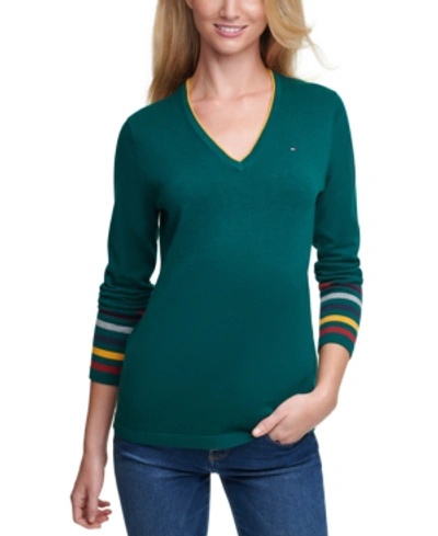 TOMMY HILFIGER IVY RAINBOW-CUFF V-NECK SWEATER