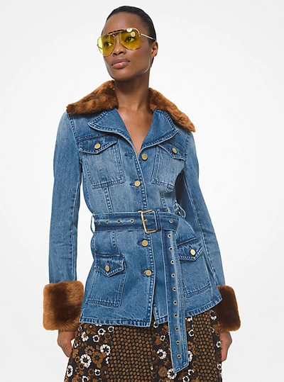 Shop Michael Kors Faux Fur Trim Belted Denim Jacket In Blue