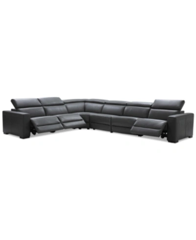 FURNITURE NEVIO 6-PC LEATHER "L" SHAPED SECTIONAL SOFA WITH 3 POWER RECLINERS AND ARTICULATING HEADRESTS, CREA
