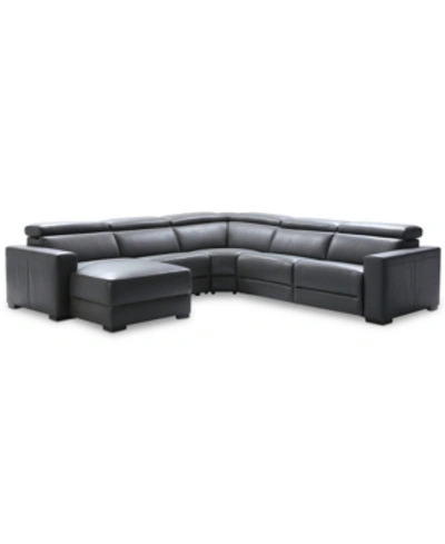 FURNITURE NEVIO 124" 5-PC LEATHER SECTIONAL SOFA WITH CHAISE, 1 POWER RECLINER AND ARTICULATING HEADRESTS, CRE