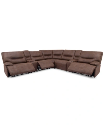 FURNITURE CLOSEOUT! FELYX 133" 7-PC. FABRIC SECTIONAL SOFA WITH 3 POWER RECLINERS, POWER HEADRESTS, 2 CONSOLES