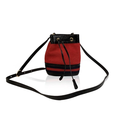 GUCCI SUEDE SIGNATURE WEB OPHIDIA SMALL BUCKET BAG RED BLACK