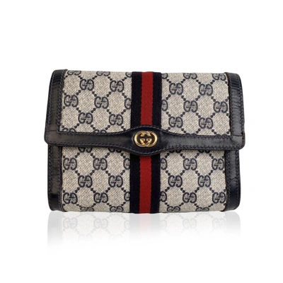 GUCCI VINTAGE MONOGRAM CANVAS FLAP COSMETIC BAG CLUTCH WITH STRIPES
