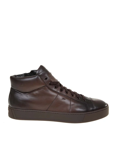 SANTONI HIGH SNEAKERS IN LEATHER AND BROWN COLOR