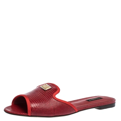 DOLCE & GABBANA RED LIZARD EMBOSSED LEATHER FLAT SLIDES SIZE 38.5