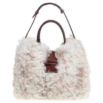 TOD'S WHITE FUR AND LEATHER DOUBLE T FLAP TOTE