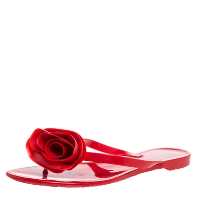 VALENTINO GARAVANI RED JELLY COUTURE ROSE THONG FLAT SANDALS SIZE 38