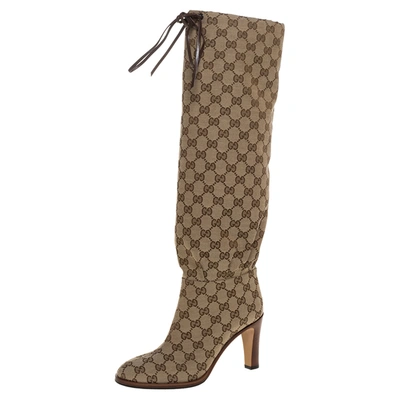 GUCCI BEIGE GG CANVAS LISA KNEE LENGTH BOOTS SIZE 38