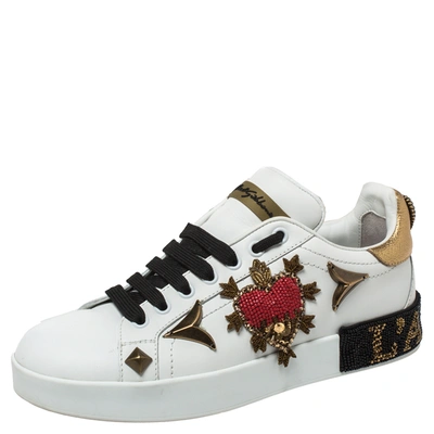DOLCE & GABBANA DOLCE AND GABBANA WHITE LEATHER PORTOFINO EMBELLISHED LOW TOP SNEAKERS SIZE 37