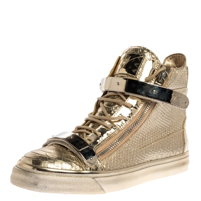 GIUSEPPE ZANOTTI METALLIC GOLD PYTHON EMBOSSED LEATHER COBY HIGH TOP SNEAKERS SIZE 41