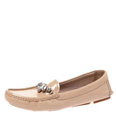 MIU MIU BEIGE PATENT LEATHER CRYSTAL EMBELLISHED LOAFERS SIZE 39