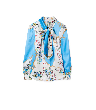 Shop Tory Burch Printed Satin Bow Blouse In Porcelain Floral