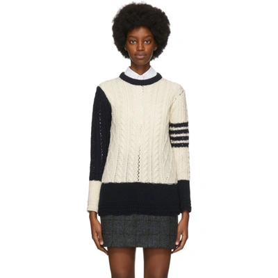 THOM BROWNE OFF-WHITE & NAVY WOOL ARAN CABLE 4-BAR SWEATER