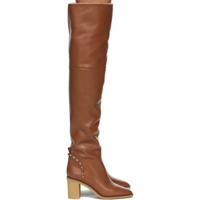 VALENTINO GARAVANI VALENTINO TAN VALENTINO GARAVANI SHEARLING THIGH-HIGH BOOTS