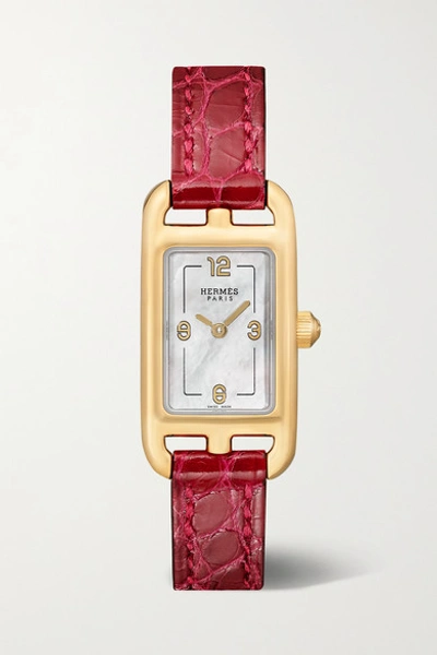 HERMÈS TIMEPIECES Nantucket 17mm very small 18-karat rose gold, alligator and mother-of-pearl watch