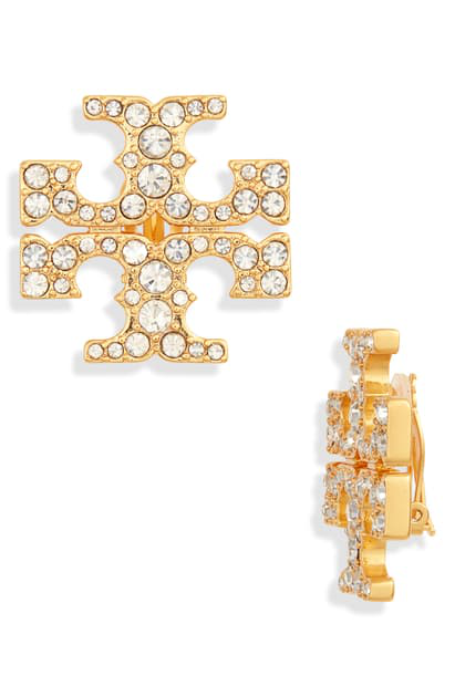 Shop Tory Burch Kira Pave Clip-on Stud Earrings In Yellow Gold Tone / Glass