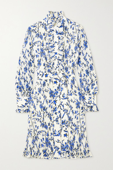 Shop Tory Burch Deneuve Belted Ruffled Floral-print Crepon Mini Dress In  Blue