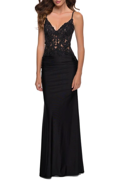 LA FEMME LA FEMME SHINY LACE GOWN