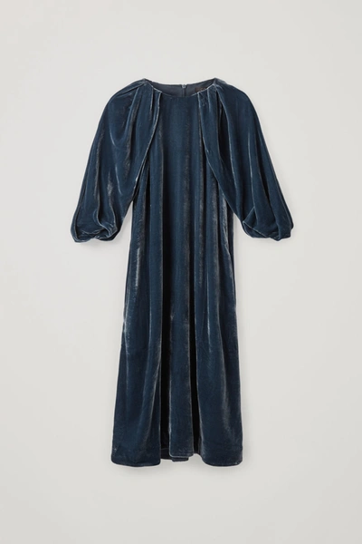 Cos Silk Velvet Puff Sleeve Dress In Blue